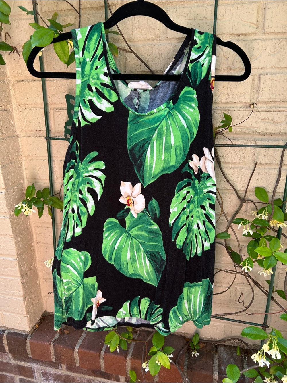 Workshop Republic Clothing Black Tank Top with Green Tropical Leaf Print
